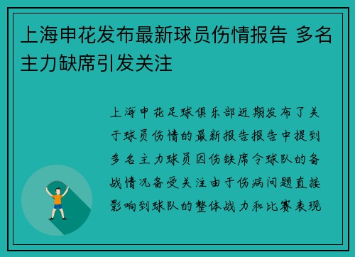 上海申花发布最新球员伤情报告 多名主力缺席引发关注